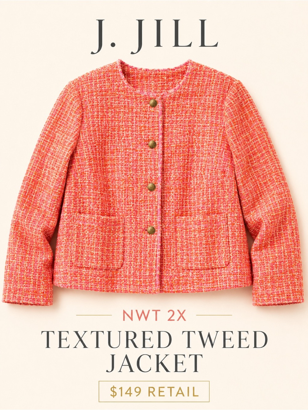 J. Jill NWT 2X Clementine Dailia Tweed Jacket Pink Orange Textured Blazer
